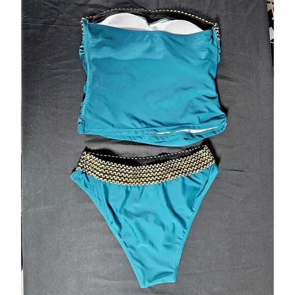 Medium Strapless Bandeau Tankini Swimsuit Set Teal Blue Ruched 2-Piece NWOT - Picture 3 of 10